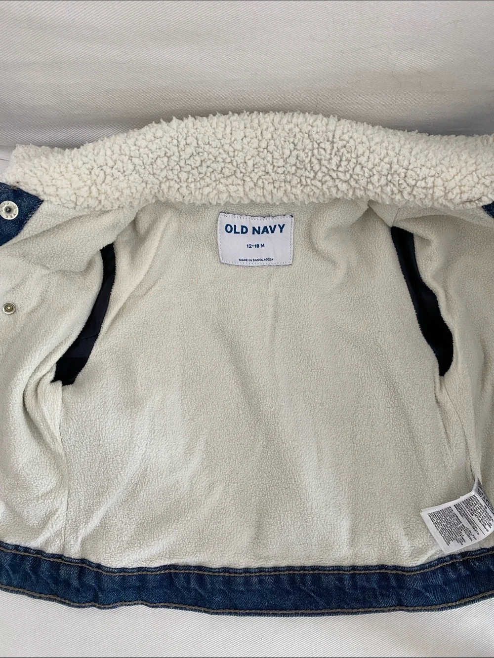Old Navy Blue Denim Jacket with White Sherpa Collar and lining